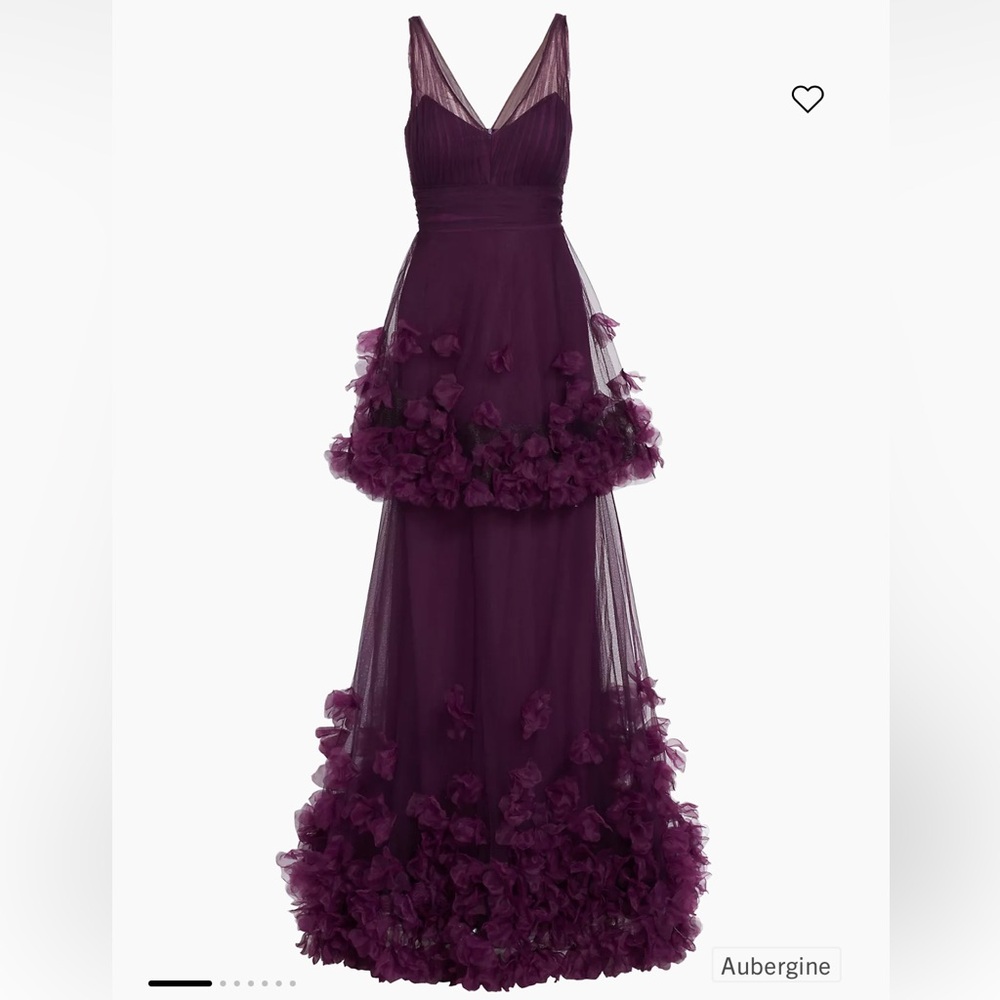 Marchesa Notte Tiered Floral-Appliqué Gown